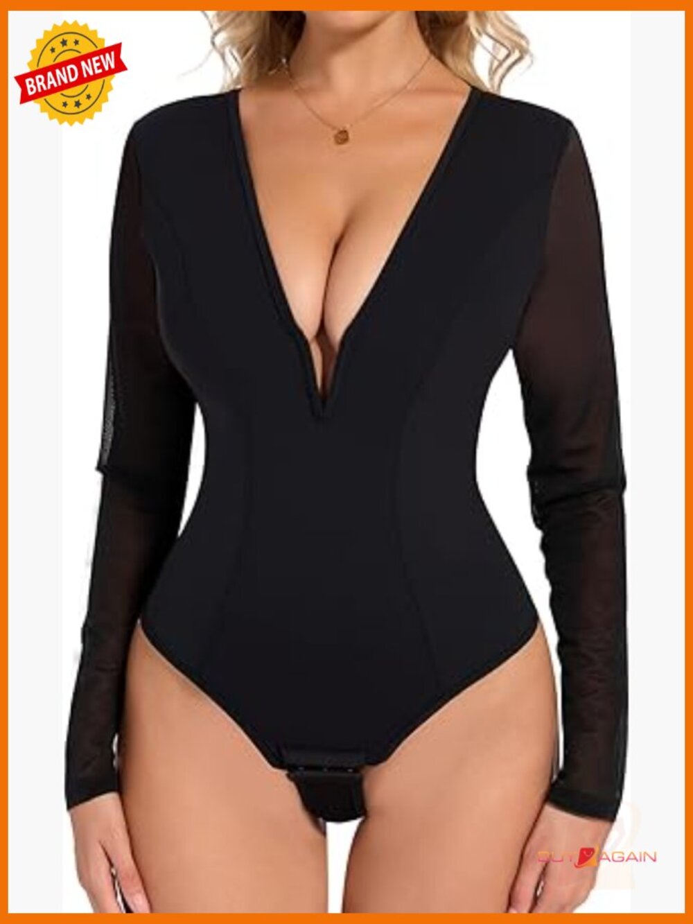 Mesh Long Sleeve Deep V Shapewear Bodysuit Thong Tummy Control Going Out